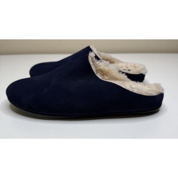 FitFlop Chrissie Slippers Womens 9 Navy Blue Suede Shearling Lined Slip On Flats - Picture 1 of 7